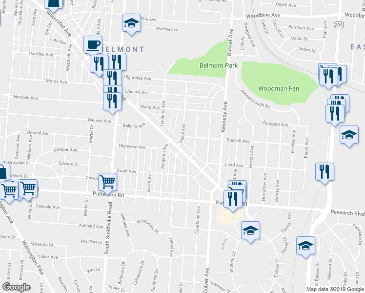 map of restaurants, bars, coffee shops, grocery stores, and more near 1310 Russell Avenue in Dayton