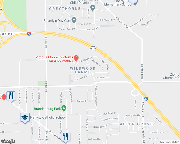 map of restaurants, bars, coffee shops, grocery stores, and more near 2831 Ludwig Drive in Indianapolis