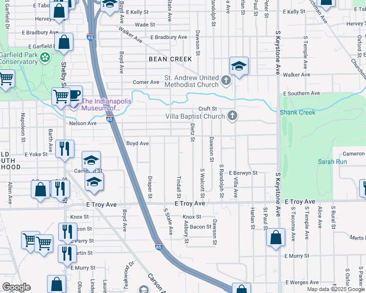 map of restaurants, bars, coffee shops, grocery stores, and more near 1745 East Gimber Street in Indianapolis