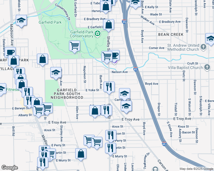 map of restaurants, bars, coffee shops, grocery stores, and more near 2721 Barth Avenue in Indianapolis
