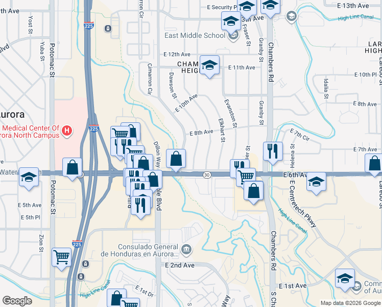 map of restaurants, bars, coffee shops, grocery stores, and more near 742 Sable Boulevard in Aurora