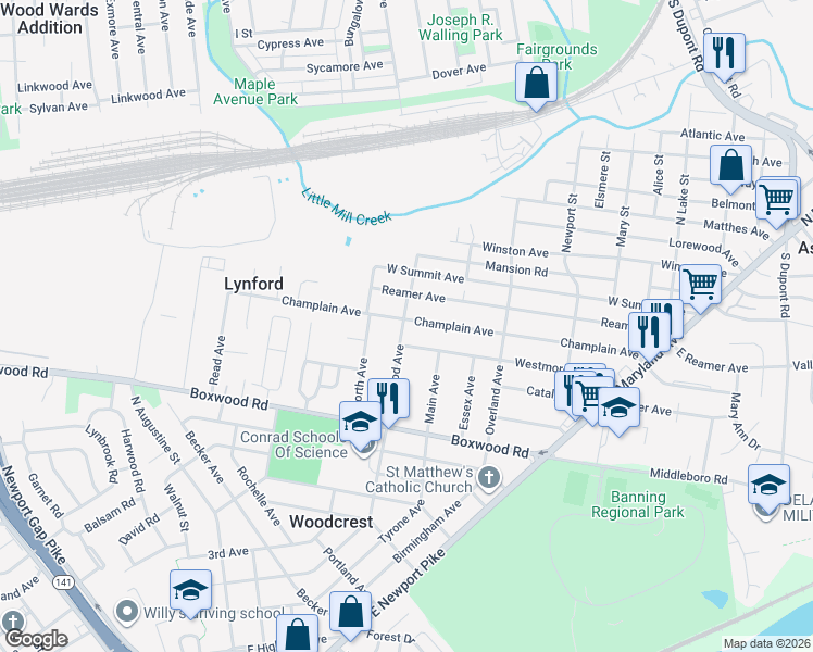 map of restaurants, bars, coffee shops, grocery stores, and more near 305 Champlain Avenue in Wilmington