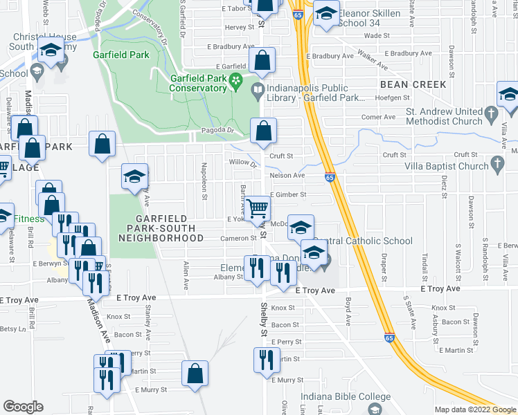 map of restaurants, bars, coffee shops, grocery stores, and more near 2746 Shelby Street in Indianapolis