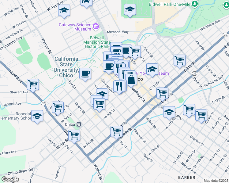 map of restaurants, bars, coffee shops, grocery stores, and more near 419 Normal Avenue in Chico