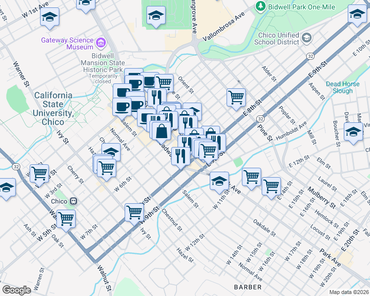 map of restaurants, bars, coffee shops, grocery stores, and more near 4 West 7th Street in Chico