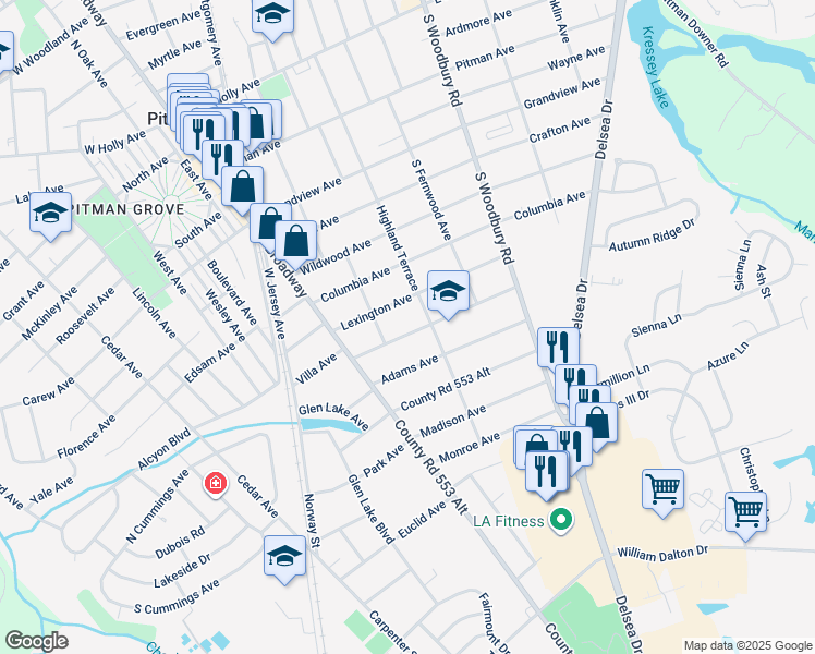 map of restaurants, bars, coffee shops, grocery stores, and more near 128 Washington Avenue in Pitman