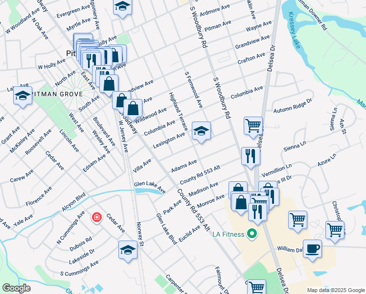 map of restaurants, bars, coffee shops, grocery stores, and more near 128 Washington Avenue in Pitman