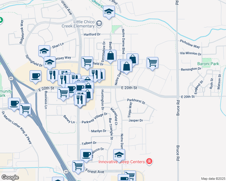 map of restaurants, bars, coffee shops, grocery stores, and more near 2000 Notre Dame Boulevard in Chico