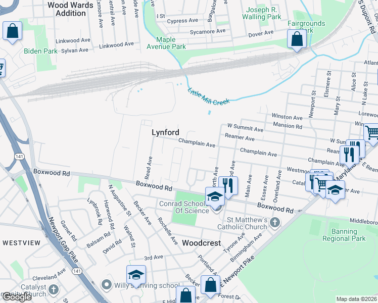 map of restaurants, bars, coffee shops, grocery stores, and more near 419 Champlain Avenue in Wilmington