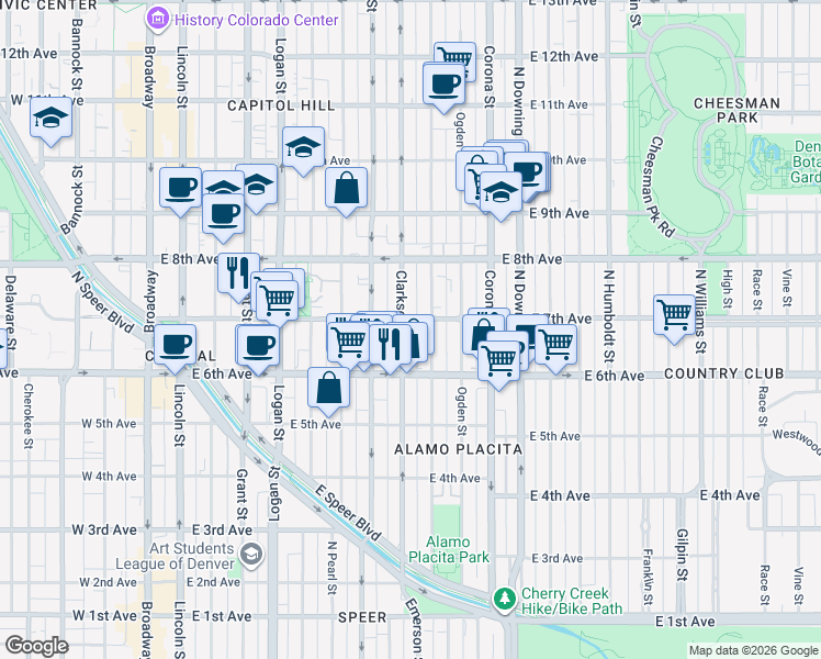 map of restaurants, bars, coffee shops, grocery stores, and more near 805 East 7th Avenue in Denver