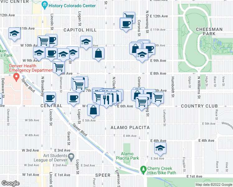 map of restaurants, bars, coffee shops, grocery stores, and more near 805 East 7th Avenue in Denver