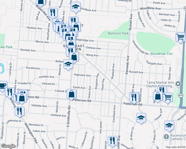 map of restaurants, bars, coffee shops, grocery stores, and more near 1027 Watervliet Avenue in Dayton