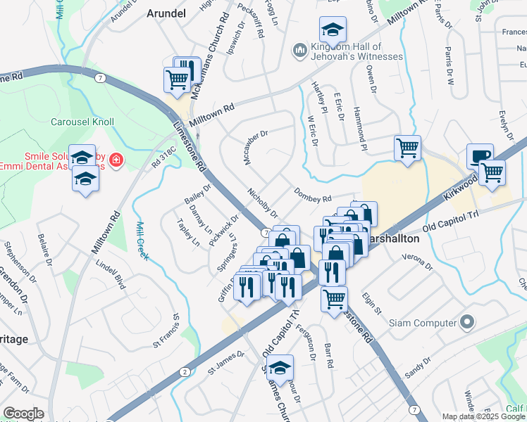 map of restaurants, bars, coffee shops, grocery stores, and more near 2397 Nicholby Drive in Wilmington
