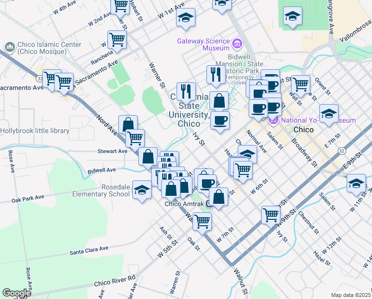 map of restaurants, bars, coffee shops, grocery stores, and more near 20 Cherry Street in Chico