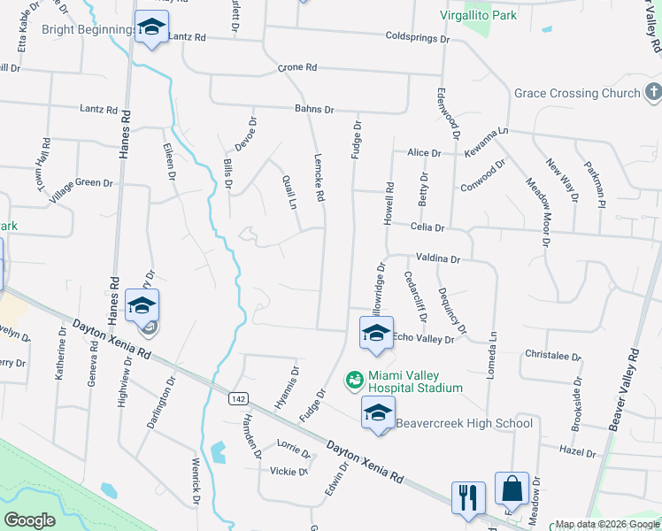 map of restaurants, bars, coffee shops, grocery stores, and more near 1346 Lemcke Road in Dayton