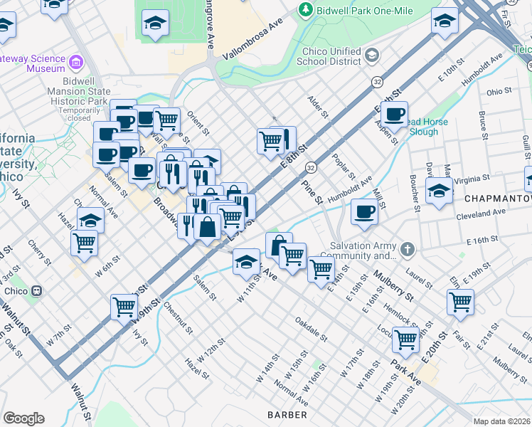 map of restaurants, bars, coffee shops, grocery stores, and more near in Chico