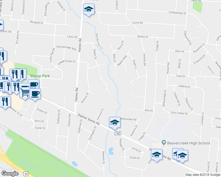 map of restaurants, bars, coffee shops, grocery stores, and more near 1296 Eileen Drive in Dayton