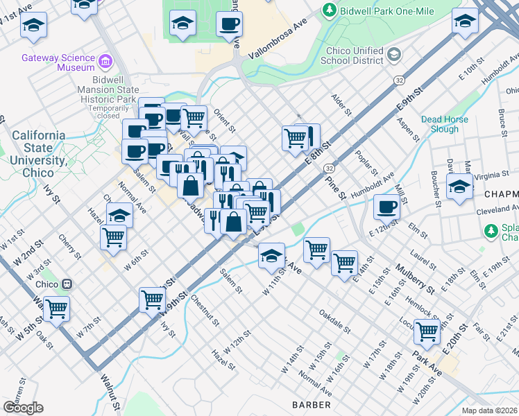map of restaurants, bars, coffee shops, grocery stores, and more near 728 Flume Street in Chico