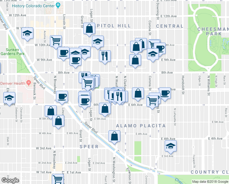 map of restaurants, bars, coffee shops, grocery stores, and more near 707 North Washington Street in Denver