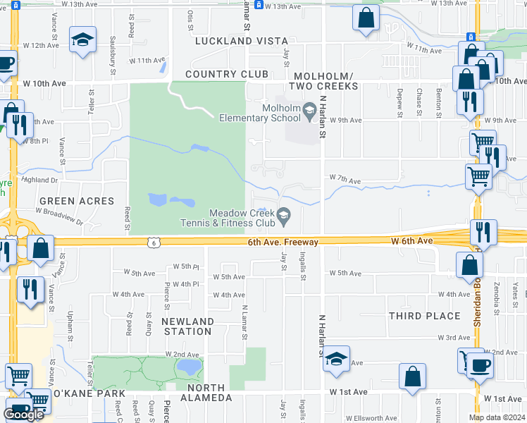 map of restaurants, bars, coffee shops, grocery stores, and more near 6305 West 6th Avenue Frontage Road North in Lakewood