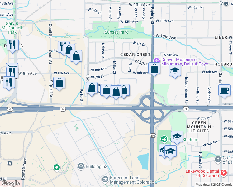 map of restaurants, bars, coffee shops, grocery stores, and more near 670 Miller Court in Lakewood