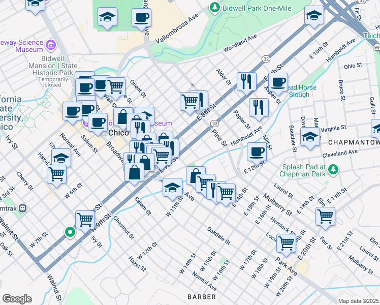 map of restaurants, bars, coffee shops, grocery stores, and more near 473 East 9th Street in Chico
