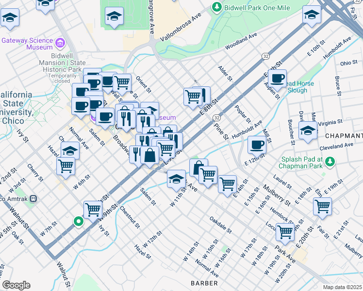 map of restaurants, bars, coffee shops, grocery stores, and more near in Chico