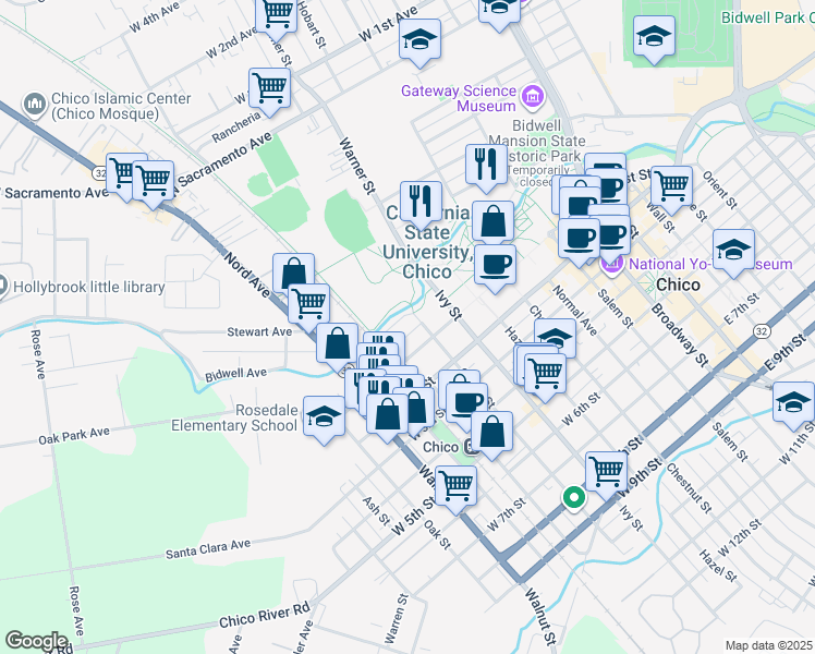 map of restaurants, bars, coffee shops, grocery stores, and more near 400 West 1st Street in Chico