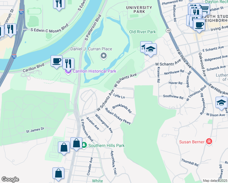map of restaurants, bars, coffee shops, grocery stores, and more near 1820 West Schantz Avenue in Dayton