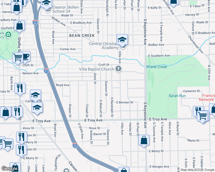 map of restaurants, bars, coffee shops, grocery stores, and more near 2738 Dawson Street in Indianapolis