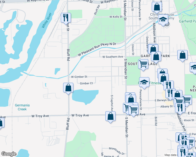 map of restaurants, bars, coffee shops, grocery stores, and more near 150 West Gimber Street in Indianapolis