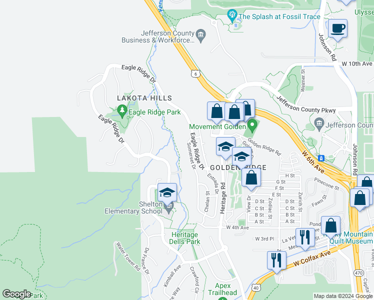map of restaurants, bars, coffee shops, grocery stores, and more near 657 Somerset Drive in Golden