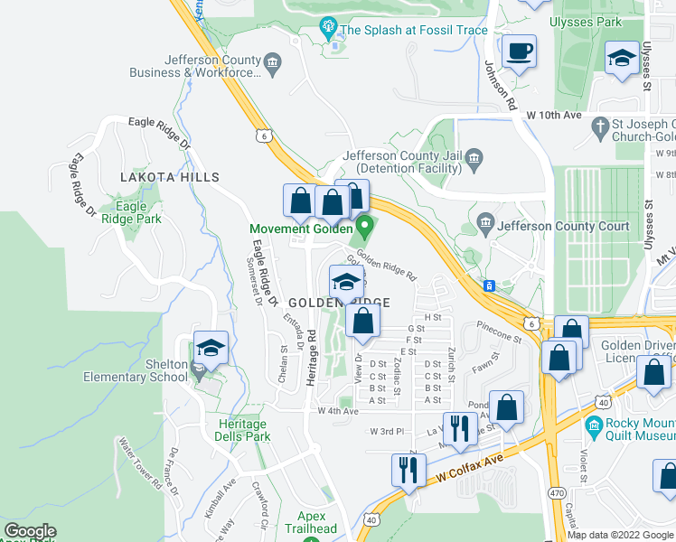 map of restaurants, bars, coffee shops, grocery stores, and more near 1200 Golden Circle in Golden