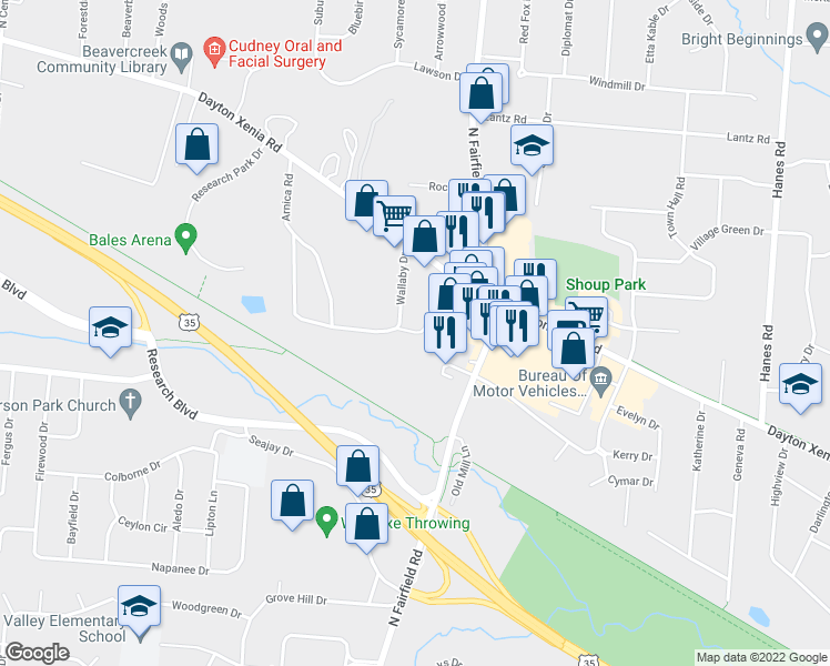 map of restaurants, bars, coffee shops, grocery stores, and more near 1260 Enochs Drive in Dayton