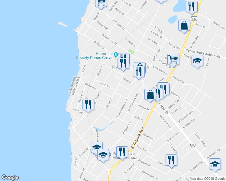 map of restaurants, bars, coffee shops, grocery stores, and more near 98 South Broad Street in Penns Grove
