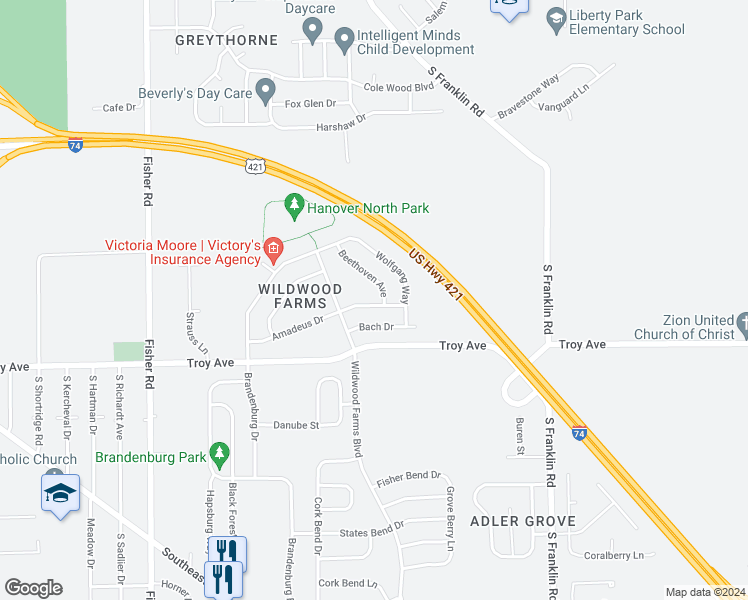 map of restaurants, bars, coffee shops, grocery stores, and more near 7952 Amadeus Drive in Indianapolis