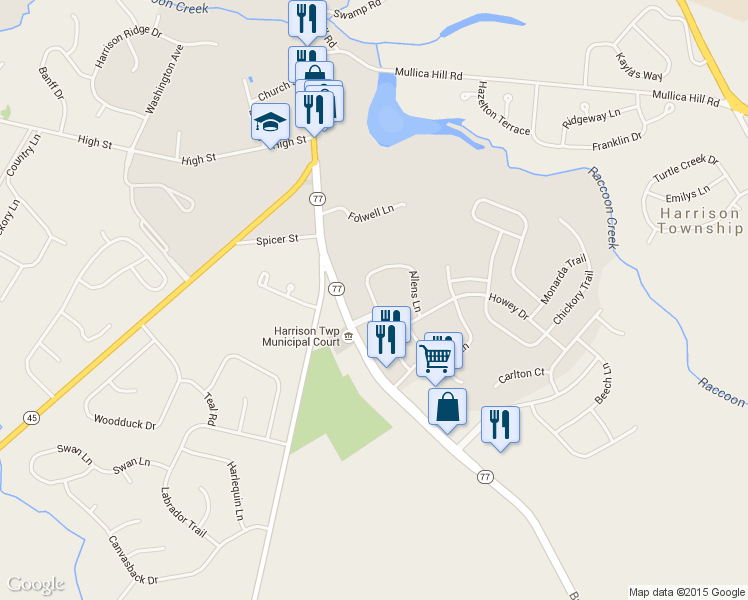 map of restaurants, bars, coffee shops, grocery stores, and more near 125 Allens Lane in Harrison Township