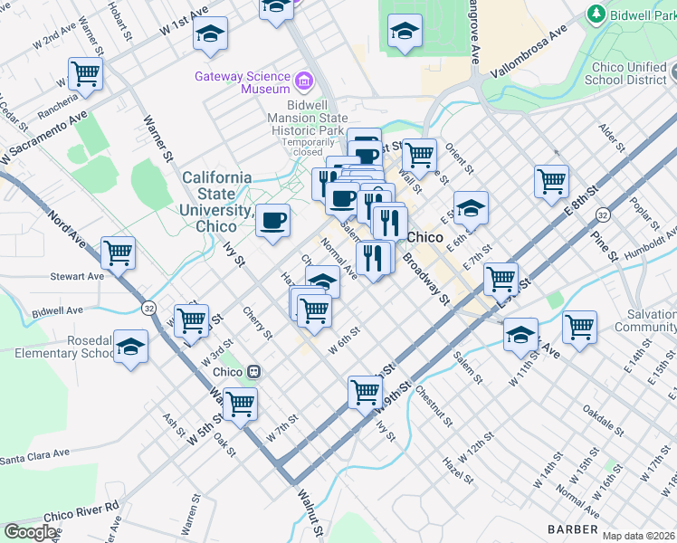 map of restaurants, bars, coffee shops, grocery stores, and more near in Chico
