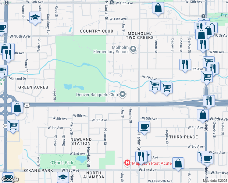 map of restaurants, bars, coffee shops, grocery stores, and more near 6305 West 6th Avenue Frontage Road North in Lakewood
