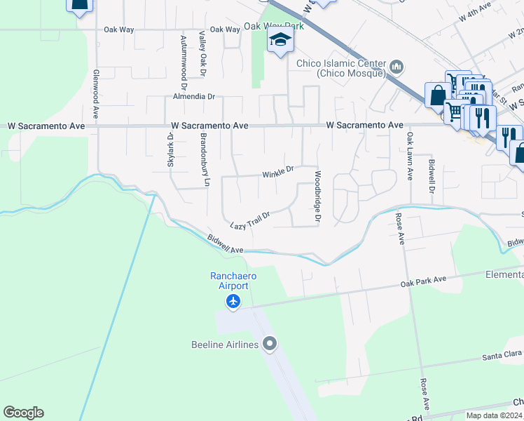 map of restaurants, bars, coffee shops, grocery stores, and more near 1514 Lazy Trail Drive in Chico