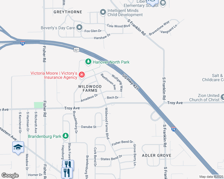 map of restaurants, bars, coffee shops, grocery stores, and more near 2883 Beethoven Avenue in Indianapolis
