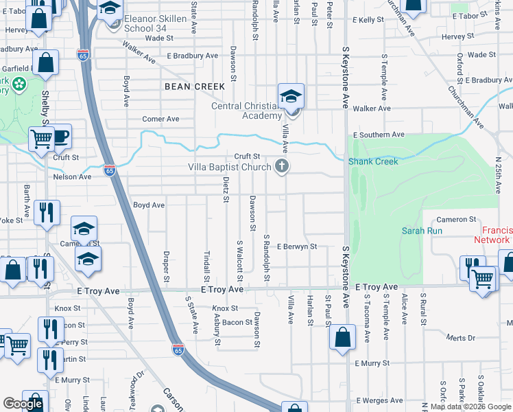 map of restaurants, bars, coffee shops, grocery stores, and more near 2738 Dawson Street in Indianapolis