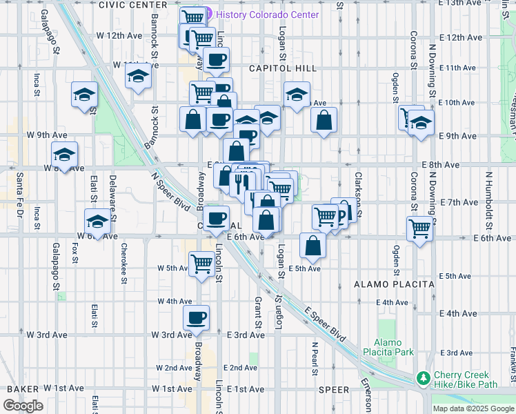 map of restaurants, bars, coffee shops, grocery stores, and more near 301 East 7th Avenue in Denver