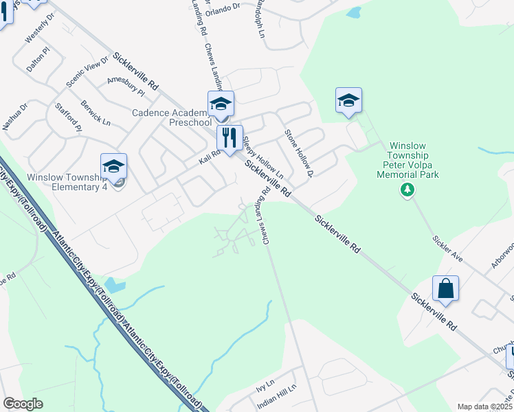 map of restaurants, bars, coffee shops, grocery stores, and more near Chews Landing Road & Kenwood Drive in Winslow Township