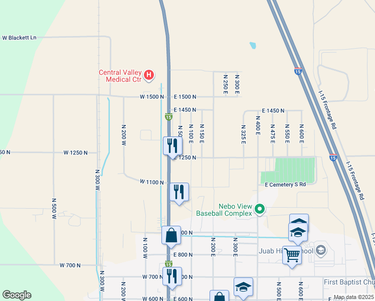 map of restaurants, bars, coffee shops, grocery stores, and more near 1271 North 100 East in Nephi