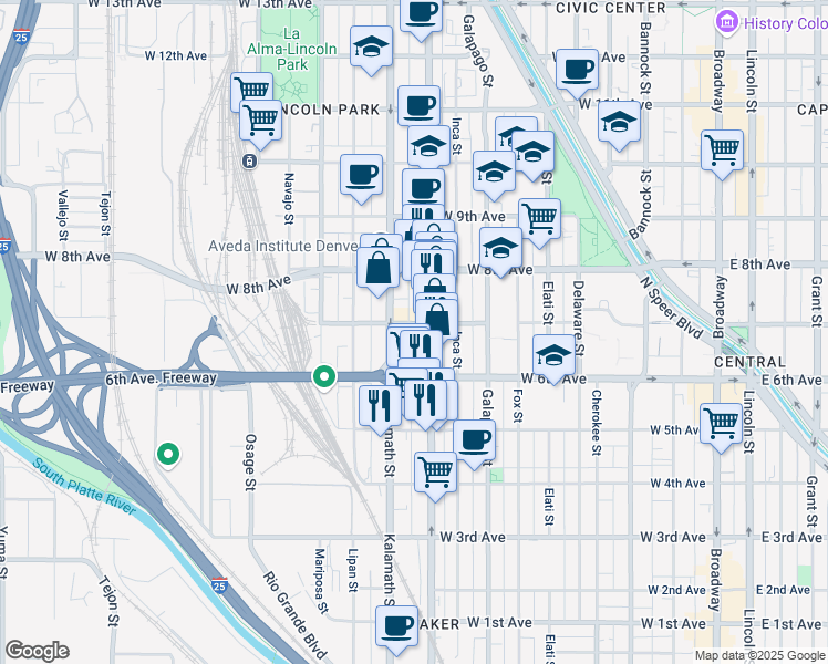 map of restaurants, bars, coffee shops, grocery stores, and more near 700 Kalamath Street in Denver