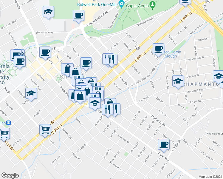 map of restaurants, bars, coffee shops, grocery stores, and more near 937 Orient Street in Chico