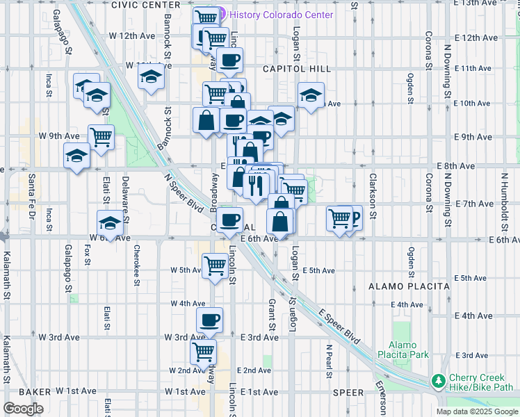 map of restaurants, bars, coffee shops, grocery stores, and more near 200 East 7th Avenue in Denver
