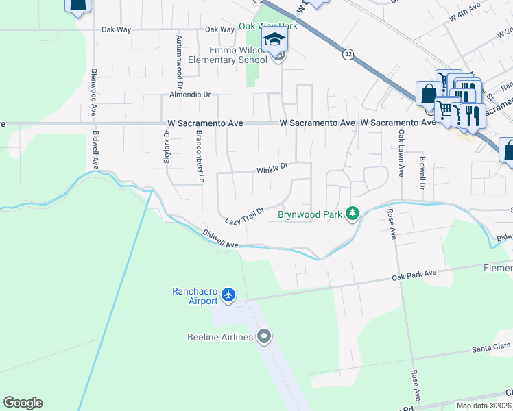 map of restaurants, bars, coffee shops, grocery stores, and more near 1514 Lazy Trail Drive in Chico