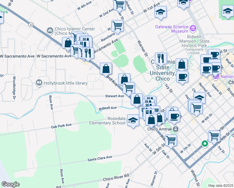 map of restaurants, bars, coffee shops, grocery stores, and more near 1122 Stewart Avenue in Chico